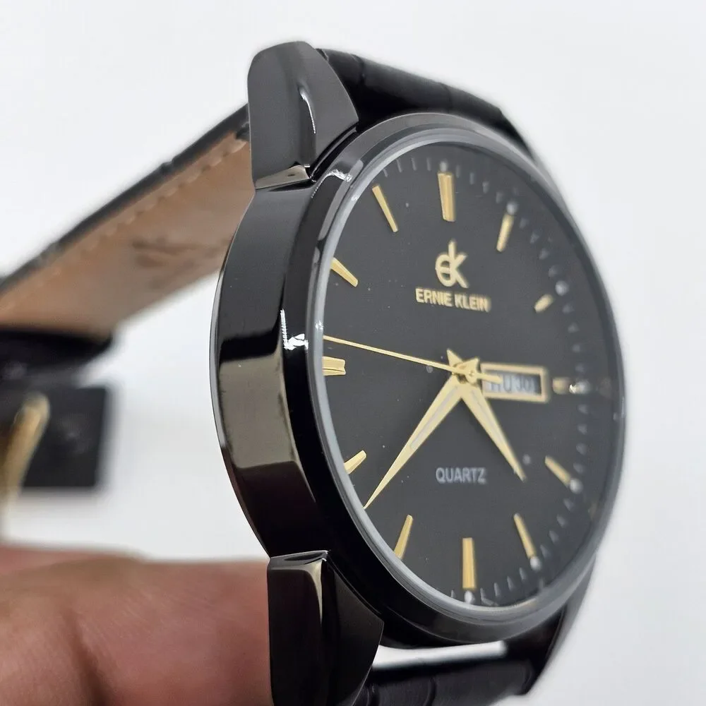 38MM Men’s Ernie Klein Watch Black Dial Day‎ Date Indicators Black Leather Bands